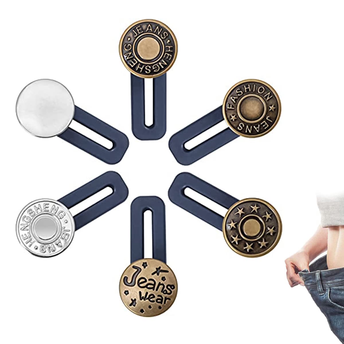HASTHIP 6pcs Pants Waist Button Extender, Flexible Jeans Adjustable Buttons, Metal No Sew Detachable Buttons for Jeans Pants Waistband Expander HASTHIP 6pcs Pants Waist Button Extender, Flexible Jeans Adjustable Buttons, Metal No Sew Detachable Buttons for Jeans Pants Waistband Expander